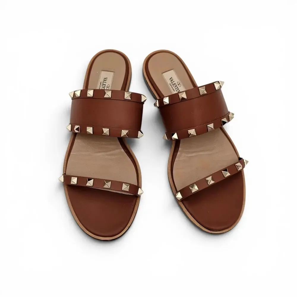 Valentino Garavani Rockstud Brown Leather Flat Sandal Strap Slide Gold Size 38 8